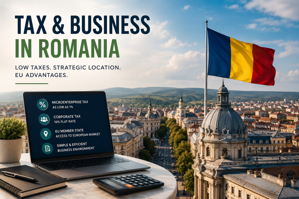 Entrepreneur reviewing Romanian company tax documents and an SRL registration form