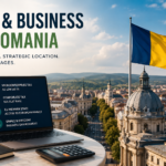 Entrepreneur reviewing Romanian company tax documents and an SRL registration form