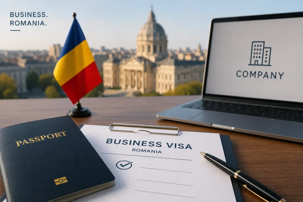Foreign investor reviewing business visa documents for Romania