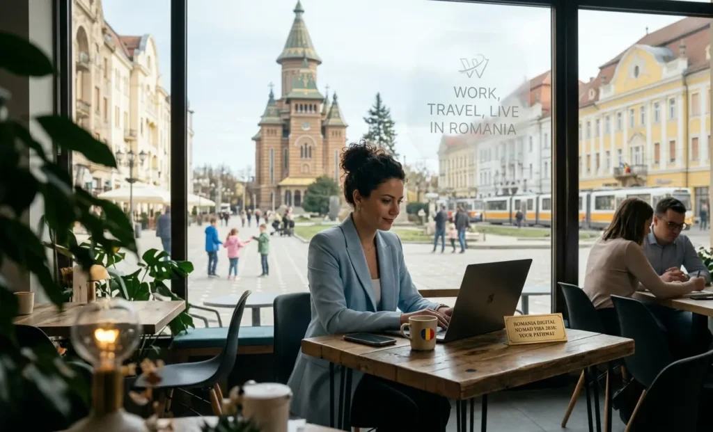 Remote worker with laptop overlooking Bucharest skyline, Romania digital nomad visa