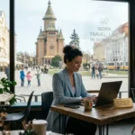 Remote worker with laptop overlooking Bucharest skyline, Romania digital nomad visa