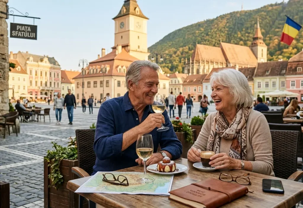 Retiring in Romania, senior couple enjoying a café in a historic Romanian old town
