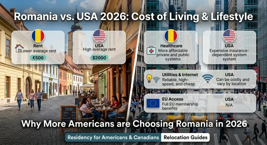 Charming Romanian city street contrasted with a crowded American city, symbolizing a better quality of life in Romania